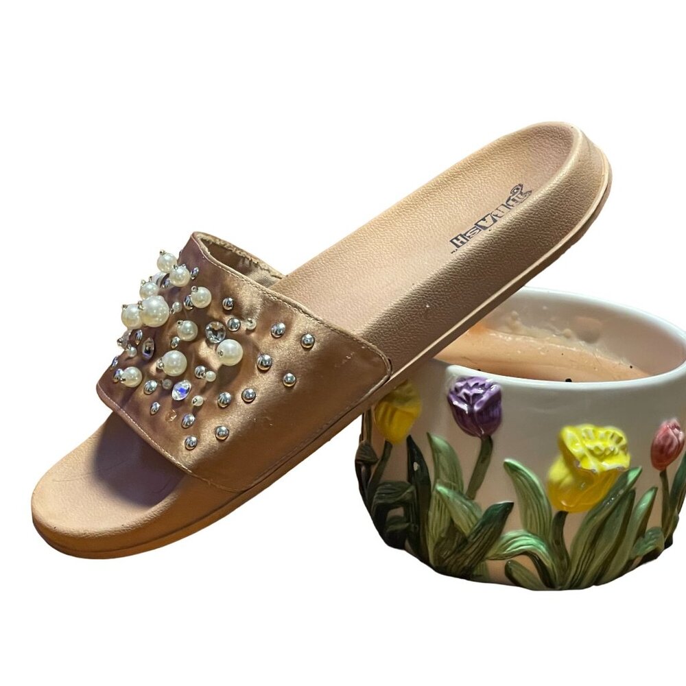 Women's Embellished Slide Sandals With Faux Pearl & Rhinestone Accents‎ Tan Size